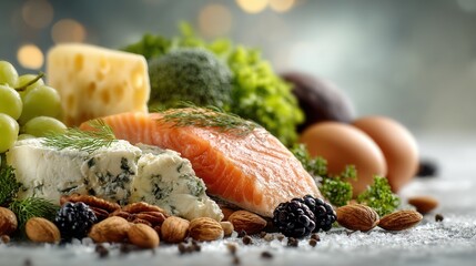 A ketogenic meal arrangement featuring fresh avocados, wild salmon, macadamia nuts, extra virgin olive oil, and organic eggs.