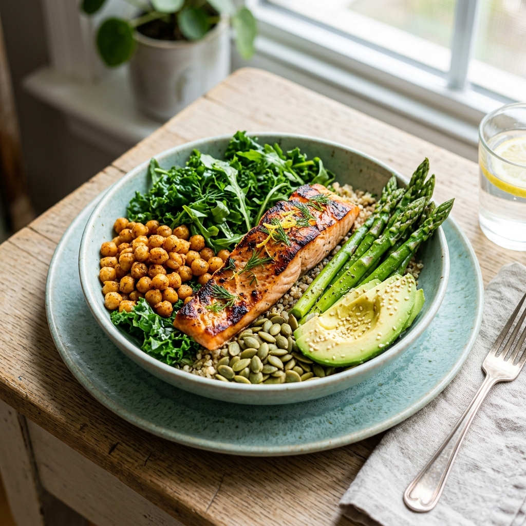 Vibrant salmon, asparagus, chickpeas, kale, and avocado bowl arranged on a pastel plate.