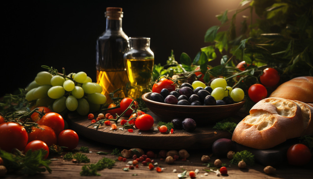 A vibrant Greek Mediterranean spread with wild horta greens, fresh olives, extra virgin olive oil, and wild herb tea.