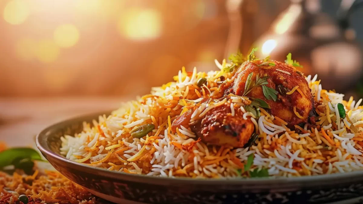 A steaming platter of authentic Pakistani Biryani with long-grain basmati rice, tender meat, saffron layers, and fresh herbs.