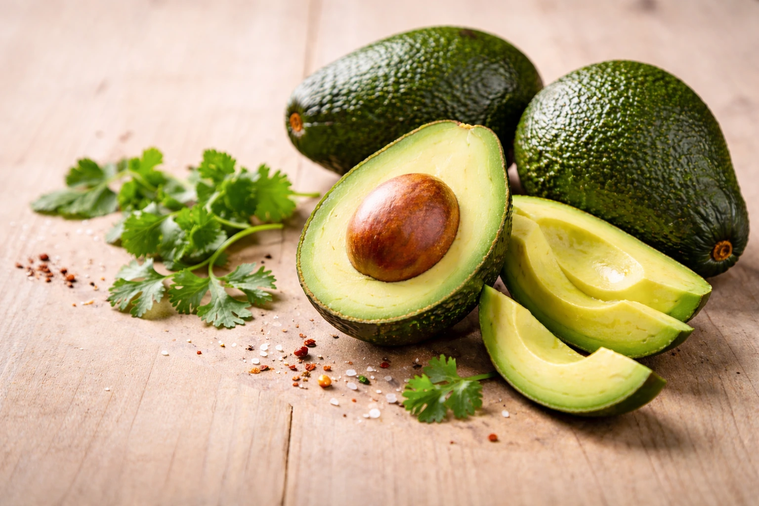 Slices of ripe organic avocado showing creamy green monounsaturated fat-rich flesh that enhances nutritional carotenoid absorption.
