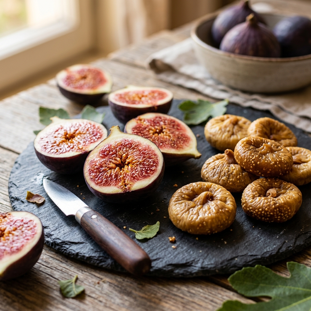 Fresh sliced purple figs with ruby pink seeds alongside dried golden anjeer figs on a rustic slate board.
