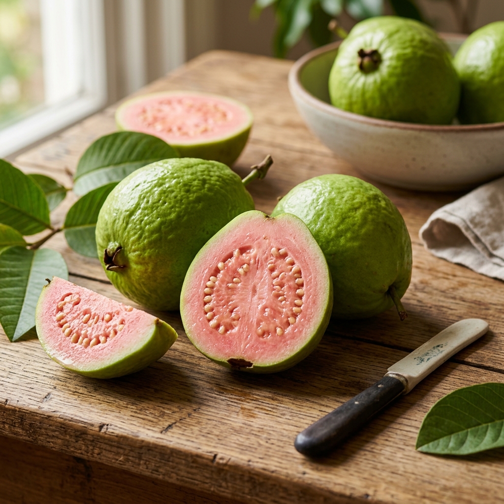 Fresh green guavas with one fruit sliced open to show pale pink flesh and small edible seeds.