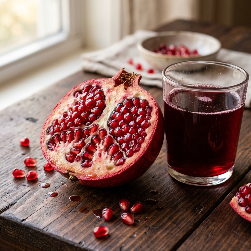 A fresh ruby red pomegranate broken open showing translucent aril seeds alongside a glass of pure juice.