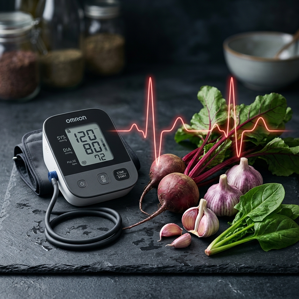 A wooden table displaying fresh organic beets, whole garlic cloves, and raw spinach leaves key to heart health.