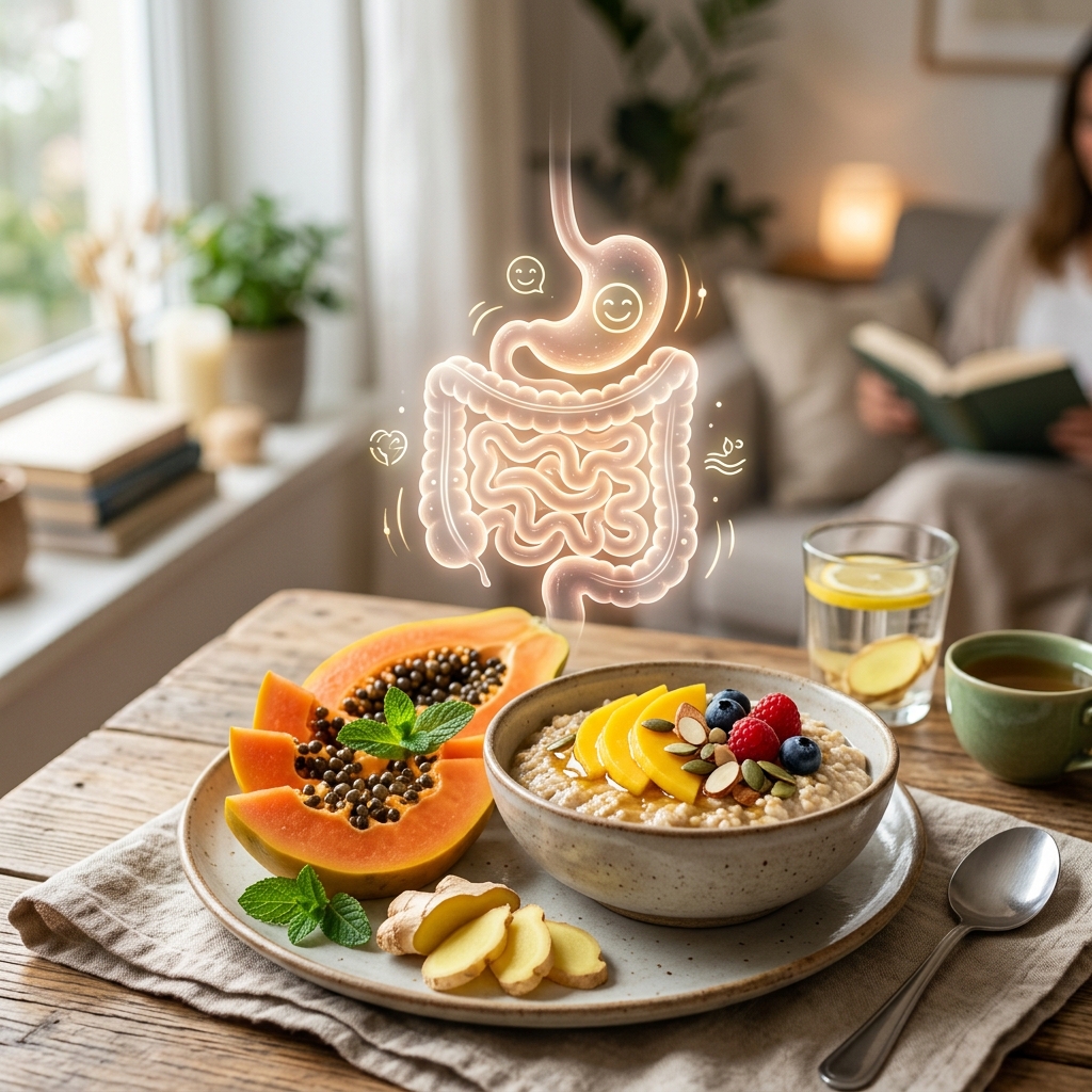 A comforting breakfast tray with a bowl of oatmeal, fresh papaya slices, and warm ginger tea.