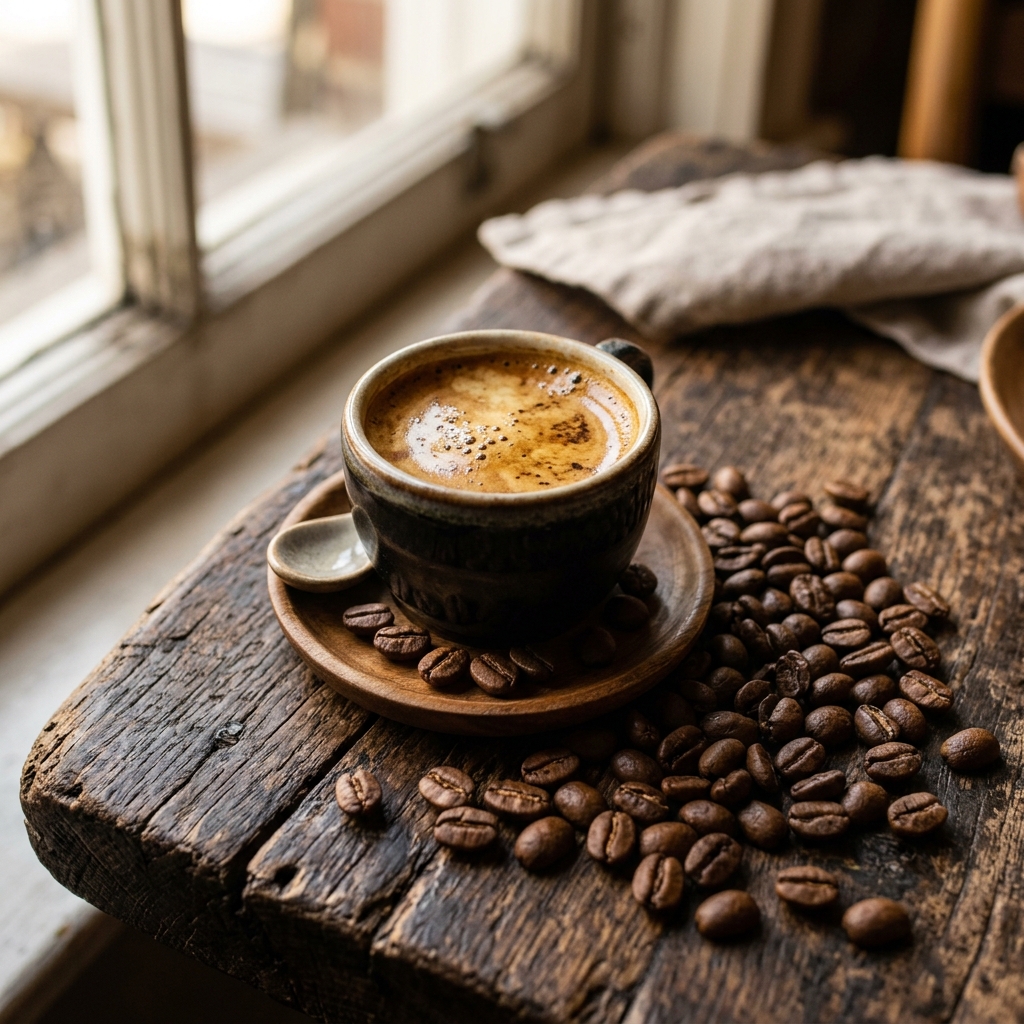A cup of rich dark espresso with crema alongside whole roasted coffee beans scattered on a rustic wooden table.